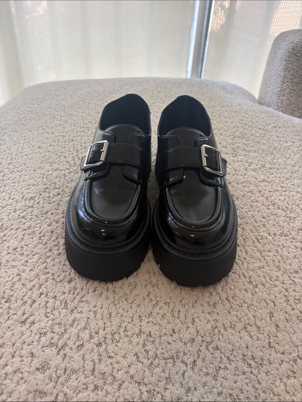 Steve Madden Black Patent Leather Buckle Platform Moccasins
